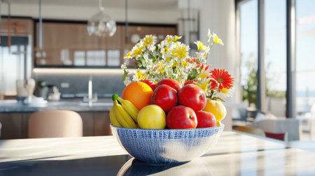 A vibrant bowl of fresh fruits accompanied by colorful flowers enhances a modern kitchen's aesthetics, creating a cheerful and inviting dining space filled with natural light.の素材
