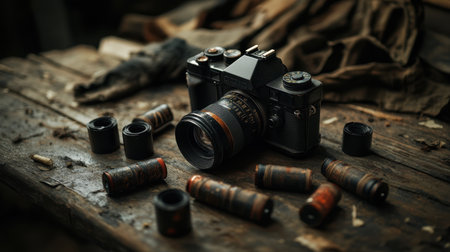 A captivating vintage camera rests on a rustic wooden table, surrounded by old film canisters. This scene evokes nostalgia and highlights the artistry of photography.の素材