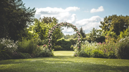 A stunning floral arch stands gracefully in a vibrant garden, surrounded by lush greenery and colorful blooms, ideal as a backdrop for romantic outdoor events.の素材