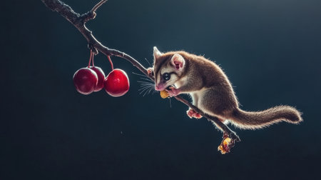 A stunning photo captures a small animal curiously exploring a branch with bright red fruit. The artistic lighting and dark background highlight the animal's playful nature.の素材