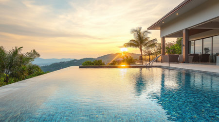 Experience tranquility at this stunning infinity pool, showcasing a vibrant sunset over hills and mountains. Ideal for relaxation and luxurious outdoor living.の素材