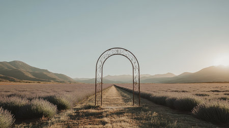 A stunning view of lavender fields stretching toward a rustic archway, framed by majestic mountains under a soft sunset sky, offering peace and tranquility.の素材