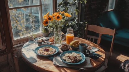 A warm and inviting breakfast scene featuring sunflowers, various foods, and fresh juice beautifully arranged on a wooden table, capturing a cozy atmosphere.の素材