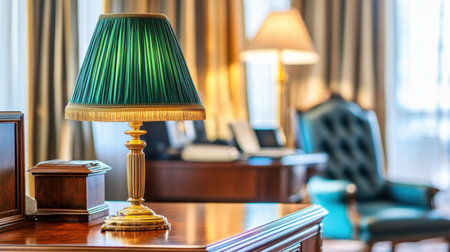 This image showcases an elegant desk lamp with a green shade, adding a touch of light and sophistication to a warm office environment, enhancing the overall ambiance.の素材