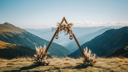 A picturesque wedding altar stands against majestic mountains, beautifully adorned with flowers and lanterns, offering a romantic and serene backdrop for ceremonies.の素材
