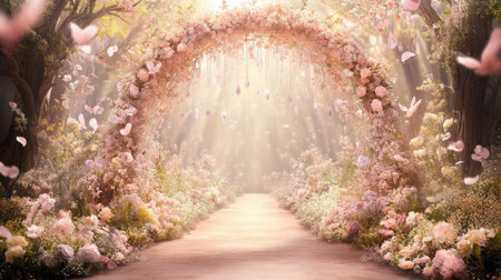 Immerse yourself in this enchanting garden scene featuring a floral archway adorned with delicate petals and soft light, creating a dreamlike atmosphere of tranquility.の素材