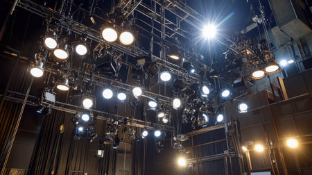 An impressive array of stage lights illuminates a theater space, showcasing a detailed lighting setup ready for a captivating performance or event production.の素材