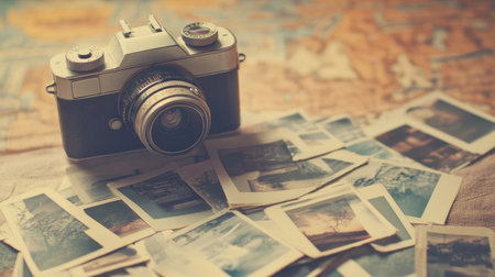 A classic vintage camera is surrounded by scattered film photos on a world map, evoking feelings of nostalgia and capturing precious travel moments through images.の素材