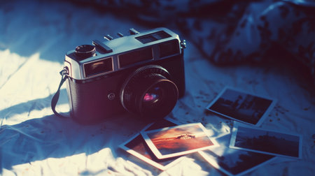 A vintage film camera sits elegantly on soft fabric, surrounded by scattered photographs that evoke fond memories and the timeless beauty of exploration and creativity.の素材