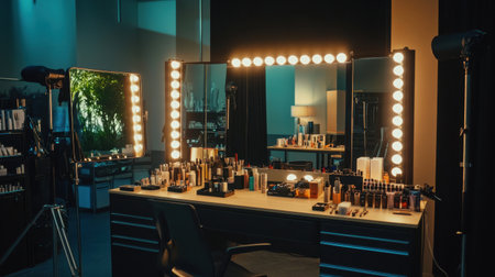 A chic makeup vanity station set in a modern beauty salon, featuring bright mirrors and professional lighting, perfect for makeup application and artistic expression.の素材