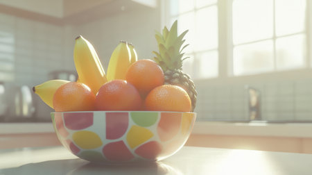 A beautiful fruit bowl filled with bananas, oranges, and pineapple, illuminated by natural light in a cozy kitchen, perfect for showcasing healthy lifestyle choices.の素材