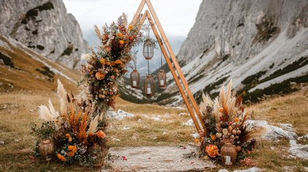 A charming rustic wedding arch adorned with flowers and lanterns nestled in a stunning mountainous landscape, perfect for autumn celebrations.の素材