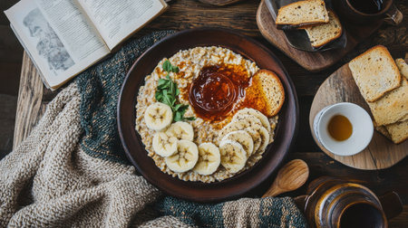 A warm and inviting breakfast setup featuring a bowl of oatmeal topped with banana slices and honey, served with toast, coffee, and a book for a cozy morning.の素材