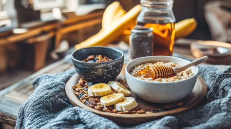 A cozy breakfast scene featuring a bowl of oatmeal topped with sliced bananas, honey, and nuts, paired with maple syrup. Perfect for a healthy start.の素材