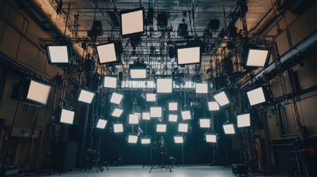 A spacious industrial studio featuring multiple hanging screens and bright LED displays, ideal for creative projects and modern photography setups in a professional environment.の素材