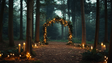 A stunning view of a candlelit archway nestled in a tranquil forest, creating a romantic and enchanting atmosphere perfect for weddings and special events.の素材