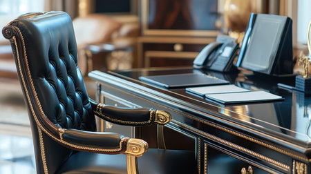 Discover a sophisticated office workspace featuring a classic black leather chair and polished wooden desk, perfect for a professional and luxurious environment.の素材