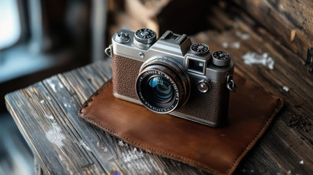 This image features a vintage camera gracefully placed on a rich leather surface, highlighting its classic design and intricate details perfect for photography themes.の素材