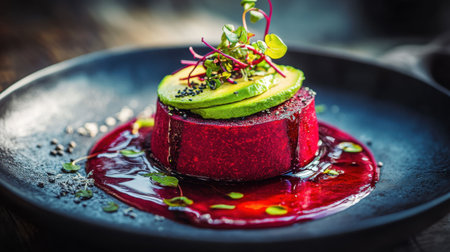 A visually striking dessert showcasing a beetroot cake garnished with creamy avocado, microgreens, and a drizzle of sauce, perfect for gourmet dining experiences.の素材