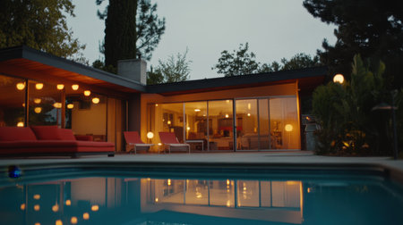 A stunning modern home featuring an inviting swimming pool at dusk, surrounded by lush greenery and warm outdoor lights creating a tranquil and luxurious atmosphere.の素材