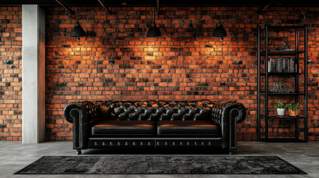 A chic black leather sofa sits against a textured brick wall in an industrial-style room, enhanced by warm lighting that creates a welcoming atmosphere.の素材