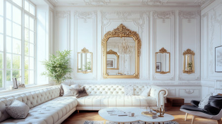 A stunning living room showcasing elegant design elements, featuring a plush white sofa, decorative mirrors, and tasteful decor that creates a warm and inviting atmosphere.の素材