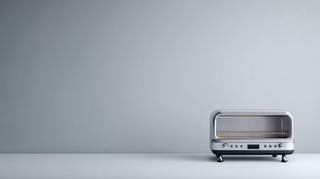 A sleek silver toaster oven stands against a gray backdrop, perfect for showcasing modern kitchen appliances in a clean and stylish environment for culinary use.の素材