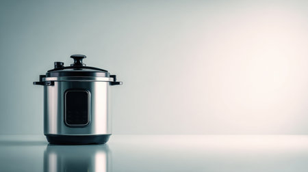 A sleek and modern electric cooker made of stainless steel sits on a glossy kitchen surface, displaying its innovative design and perfect for contemporary home cooking.の素材