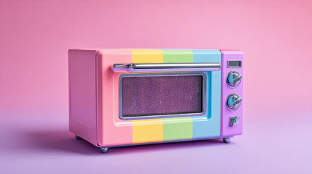 A charming and vibrant retro microwave in pastel colors, perfect for enhancing kitchen aesthetics and adding a playful touch to culinary spaces and home decor.の素材