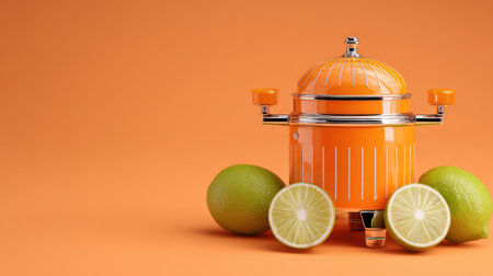 This image showcases a bright orange juicer surrounded by fresh limes on a vibrant background, perfect for capturing the essence of healthy beverage preparation and kitchen aesthetics.の素材