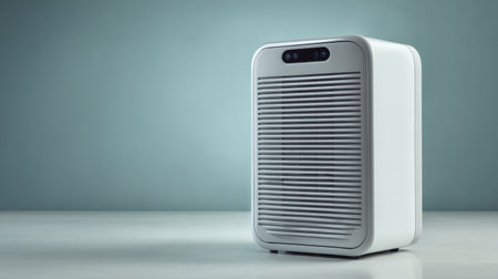 This image features a modern air purifier designed for efficient air filtration in homes and offices, showcasing a sleek aesthetic against a minimalist background.の素材