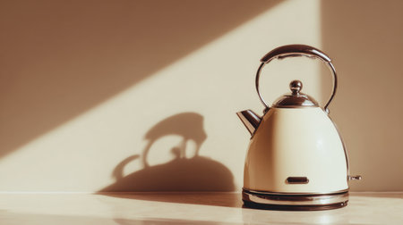 A vintage kettle stands elegantly on a kitchen countertop, bathed in warm sunlight, creating soft shadows that enhance the atmosphere, perfect for tea lovers and cozy settings.の素材