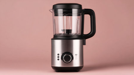 A sleek modern kitchen blender with a clear container and black handle, perfect for preparing smoothies and other beverages, set against a soft pink background.の素材