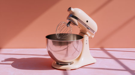 A chic stand mixer featuring a stainless steel bowl and whisk, set against a soft peach wall and pastel pink countertop, perfect for stylish baking environments.の素材