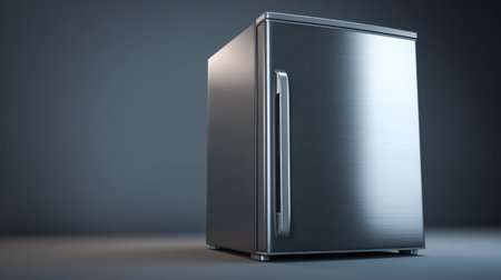 A stylish and modern stainless steel refrigerator set against a soft gradient background, emphasizing its sleek design and practical features in any kitchen space.の素材