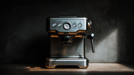 A sleek espresso machine sits prominently on a wooden surface in a minimalistic kitchen, bathed in warm light against dark walls, showcasing modern coffee culture.の素材