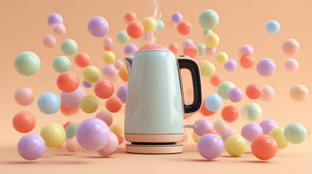 A stylish electric kettle in soft pastel colors emits steam while colorful spheres float around it, creating a lively atmosphere suitable for culinary creativity.の素材