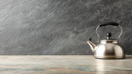 A sleek stainless steel kettle rests on a countertop, featuring a dark slate background. This image evokes a sense of elegance and simplicity, ideal for home or kitchen-related projects.の素材