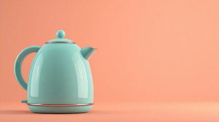 This charming retro mint green electric kettle stands gracefully against a soft coral backdrop, embodying stylish design and practicality for any kitchen setting.の素材