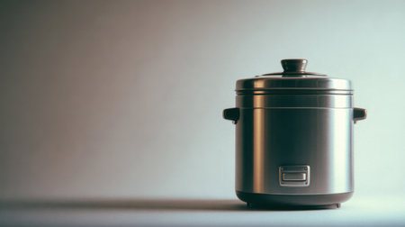 A stylish and functional stainless steel rice cooker sits elegantly against a soft gradient background, highlighting its modern design and usefulness in meal preparation.の素材