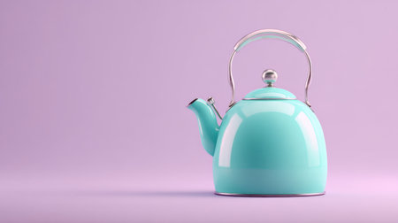A charming mint green teapot with a sleek silver handle sits gracefully against a soft purple backdrop. Perfect for modern kitchen aesthetics and culinary settings.の素材