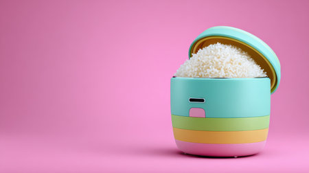 This vibrant image features a modern rice cooker filled with fluffy white rice, set against a playful pink backdrop, perfect for colorful kitchen decor and culinary creativity.の素材
