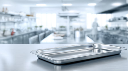 A shiny stainless steel tray sits on a sleek kitchen counter, showcasing a modern restaurant environment with a blurred professional cooking area. Perfect for culinary themes.の素材
