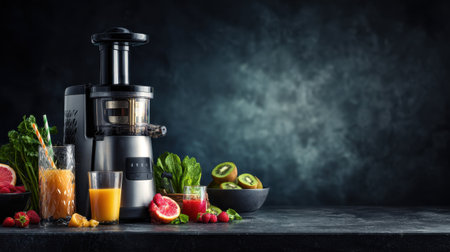 Discover a vibrant juicing setup featuring a modern juicer alongside an array of fresh fruits and vegetables, perfect for healthy drink preparation and nutrition.の素材