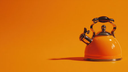 This vibrant orange kettle stands out against a matching orange background, adding a pop of color to any kitchen setting and enhancing modern decor with its sleek design.の素材