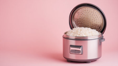 A sleek and modern rice cooker with an open lid showcases freshly cooked fluffy rice, set against a soft pink background, perfect for kitchen-themed visuals.の素材