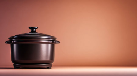 This striking image features a stylish black cooking pot, perfectly lit against a gradient background. Ideal for culinary themes, kitchen decor, and cooking concepts.の素材