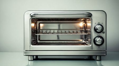A sleek modern stainless steel toaster oven featuring an open door and illuminated interior, perfect for any kitchen setting, enhancing cooking experiences.の素材