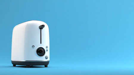 A sleek, modern white toaster stands against a bright blue backdrop, ideal for showcasing kitchen appliances. Perfect for creative interior design and culinary themes.の素材