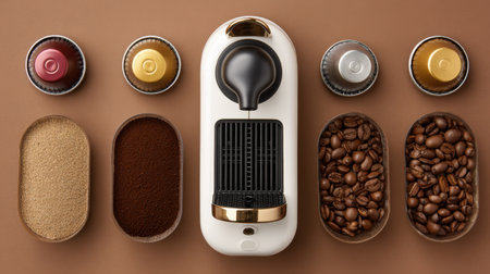 Discover the simple elegance of a coffee maker showcased with coffee beans, ground coffee, and colorful capsules, creating a cozy coffee experience at home.の素材
